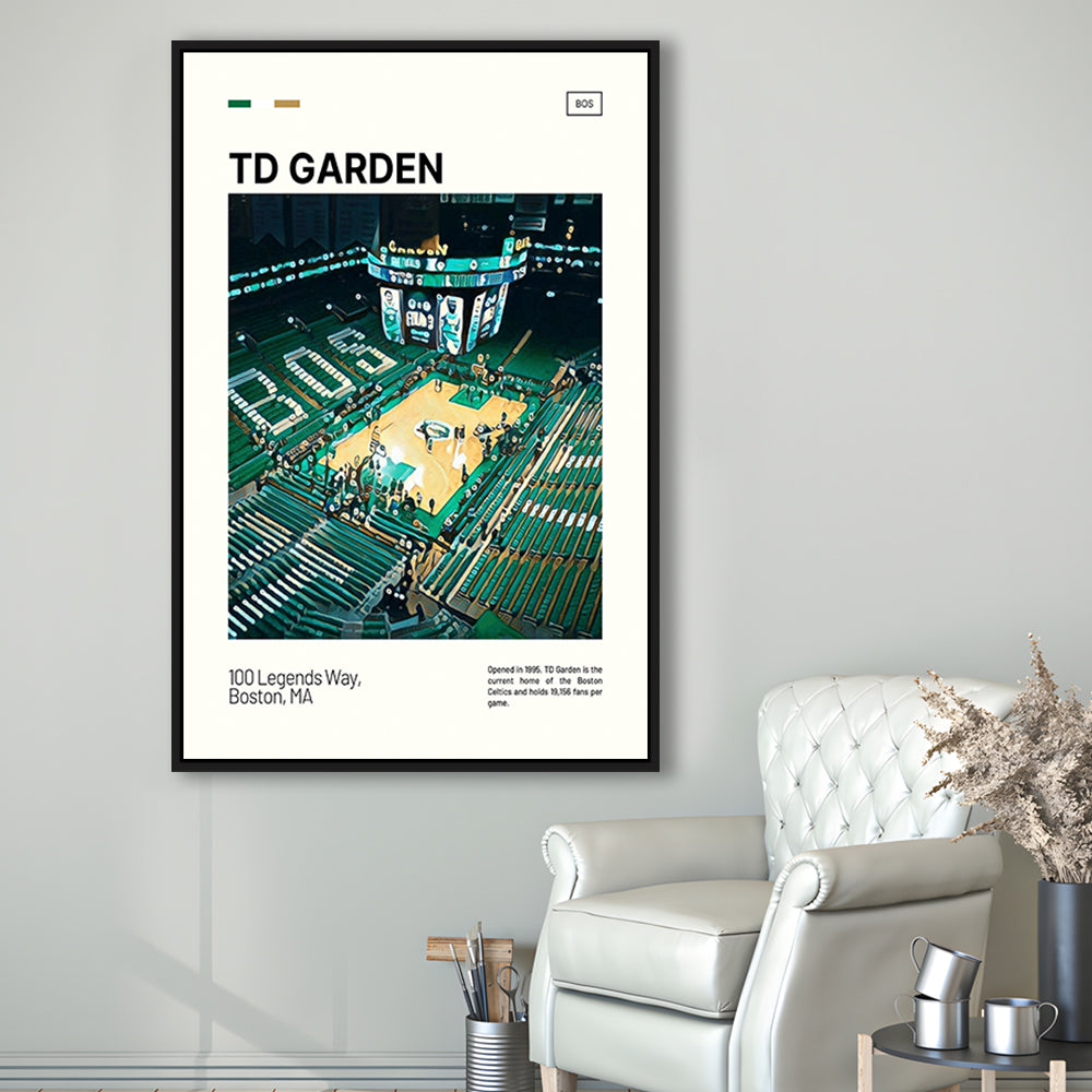 TD Garden Print, Boston Celtics Stadium Canvas Art V1, Man Cave Gift, Floating Framed Canvas Print Wall Art