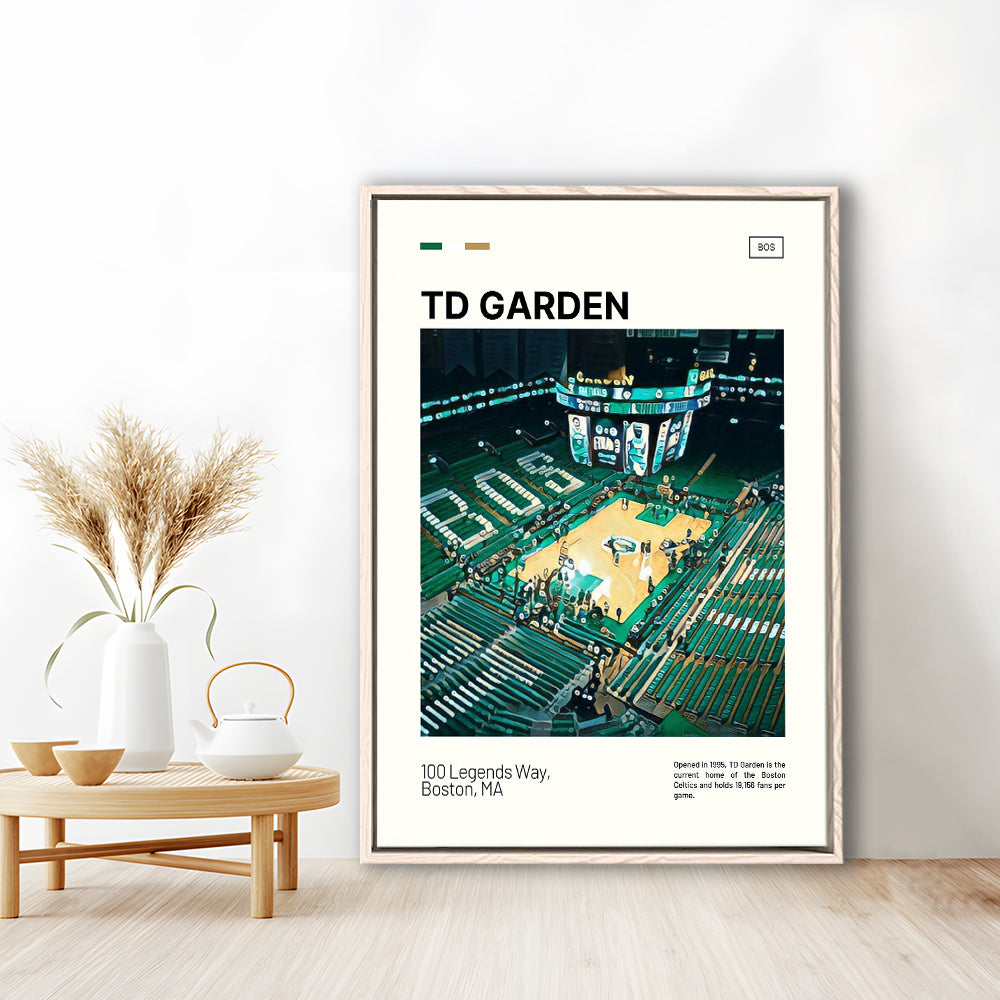 TD Garden Print, Boston Celtics Stadium Canvas Art V1, Man Cave Gift, Floating Framed Canvas Print Wall Art