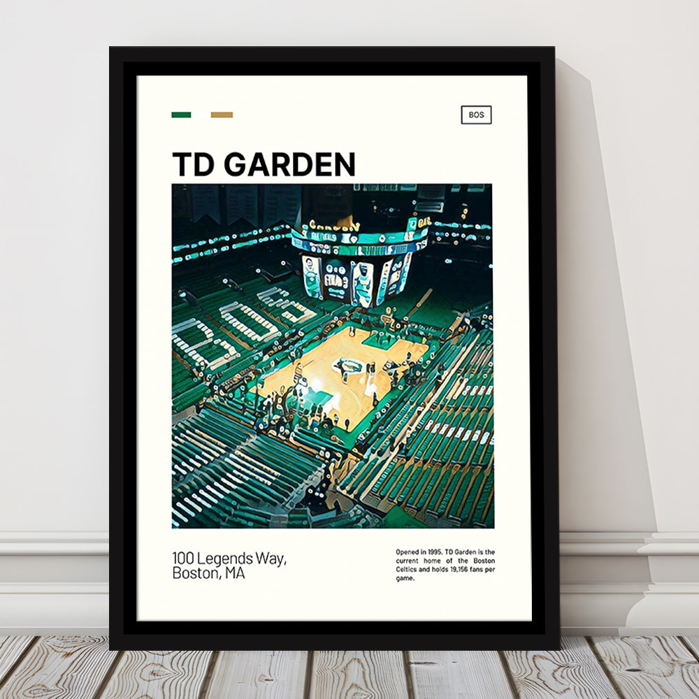 TD Garden Print, Boston Celtics Stadium Canvas Art V1, Man Cave Gift, Floating Framed Canvas Print Wall Art
