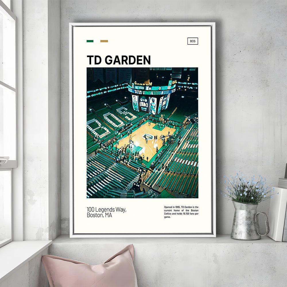 TD Garden Print, Boston Celtics Stadium Canvas Art V1, Man Cave Gift, Floating Framed Canvas Print Wall Art