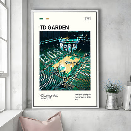 TD Garden Print, Boston Celtics Stadium Canvas Art V1, Man Cave Gift, Floating Framed Canvas Print Wall Art