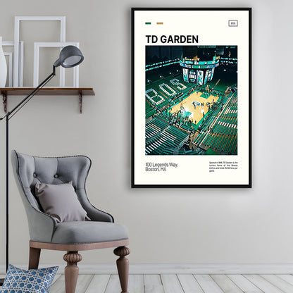 TD Garden Print, Boston Celtics Stadium Canvas Art V1, Man Cave Gift, Floating Framed Canvas Print Wall Art