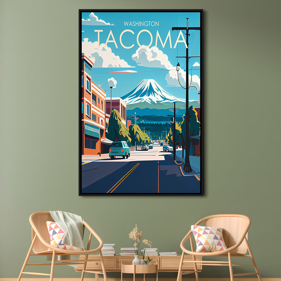 Tacoma Washington Retro Art Print, Tacoma City Wall Art, Floating Framed Canvas Print, Framed Picture, Painting Canvas