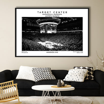 Target Center Stadium Black And White, Minnesota Lynx Basketball Stadium Wall Art Print, Framed Canvas Print Wall Art