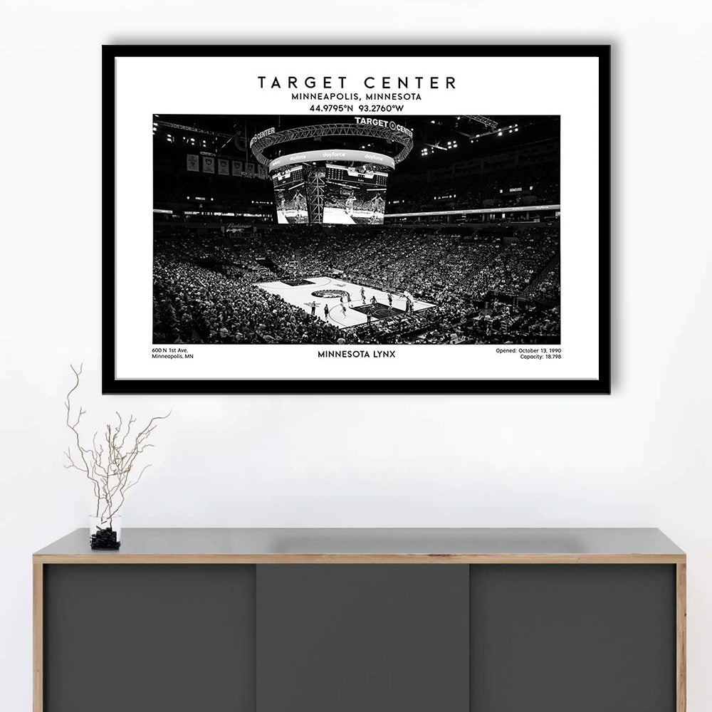 Target Center Stadium Black And White, Minnesota Lynx Basketball Stadium Wall Art Print, Framed Art Print Wall Decor