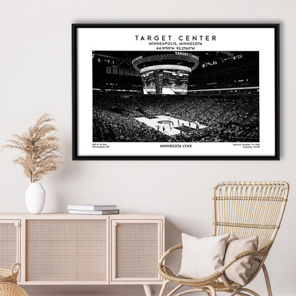 Target Center Stadium Black And White, Minnesota Lynx Basketball Stadium Wall Art Print, Framed Canvas Print Wall Art