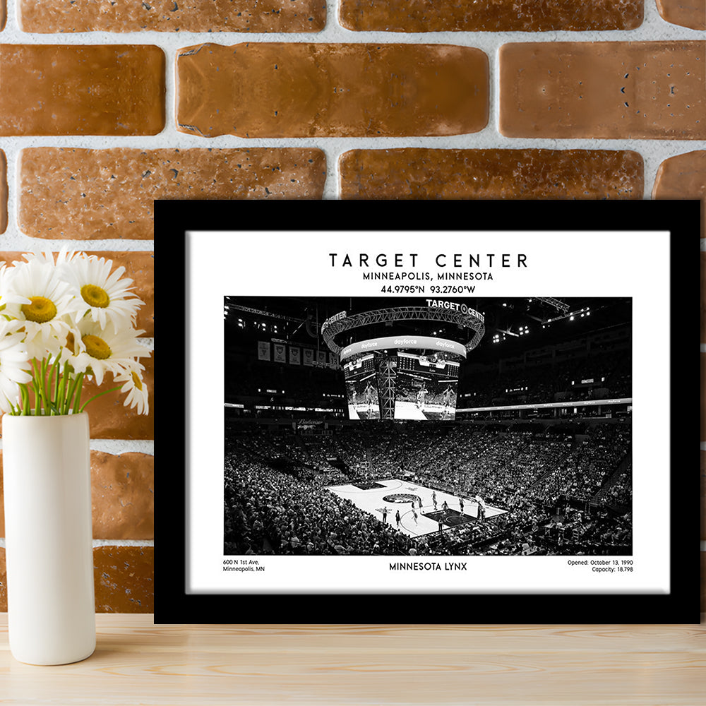 Target Center Stadium Black And White, Minnesota Lynx Basketball Stadium Wall Art Print, Framed Art Print Wall Decor