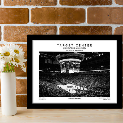 Target Center Stadium Black And White, Minnesota Lynx Basketball Stadium Wall Art Print, Framed Art Print Wall Decor
