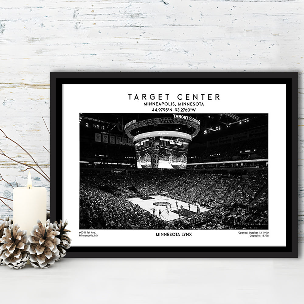 Target Center Stadium Black And White, Minnesota Lynx Basketball Stadium Wall Art Print, Framed Canvas Print Wall Art