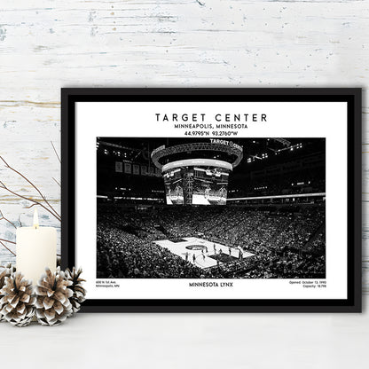 Target Center Stadium Black And White, Minnesota Lynx Basketball Stadium Wall Art Print, Framed Canvas Print Wall Art