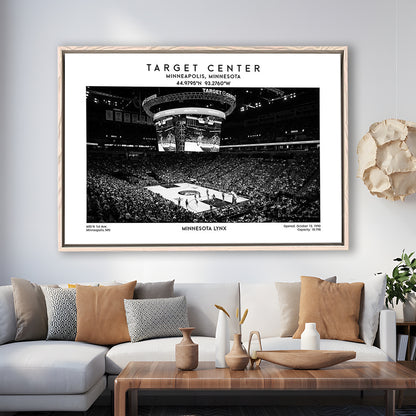 Target Center Stadium Black And White, Minnesota Lynx Basketball Stadium Wall Art Print, Framed Canvas Print Wall Art