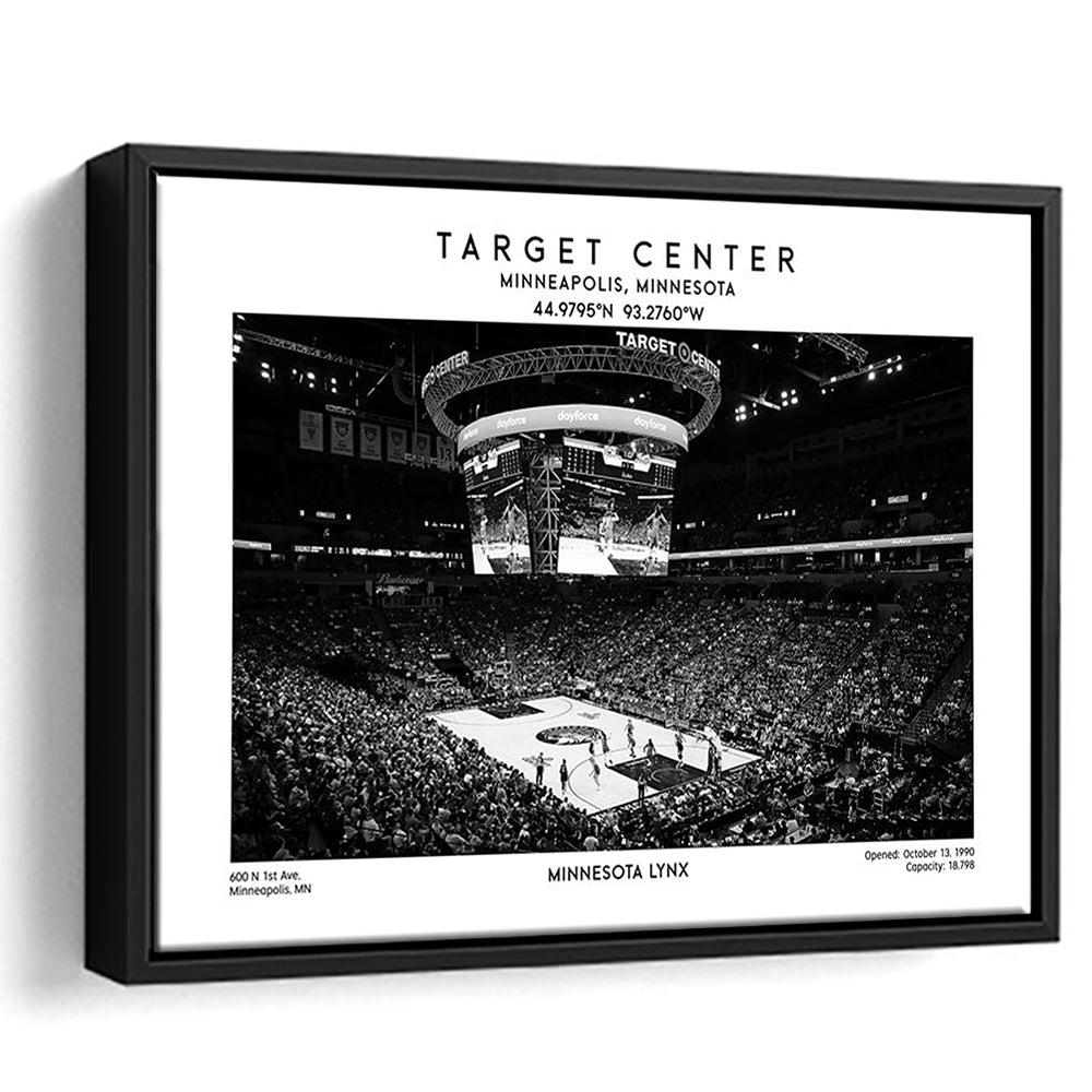 Target Center Stadium Black And White, Minnesota Lynx Basketball Stadium Wall Art Print, Framed Canvas Print Wall Art