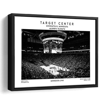 Target Center Stadium Black And White, Minnesota Lynx Basketball Stadium Wall Art Print, Framed Canvas Print Wall Art
