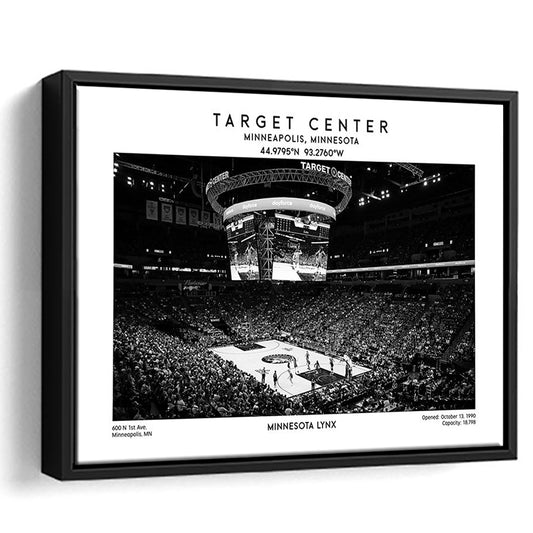 Target Center Stadium Black And White, Minnesota Lynx Basketball Stadium Wall Art Print, Framed Canvas Print Wall Art
