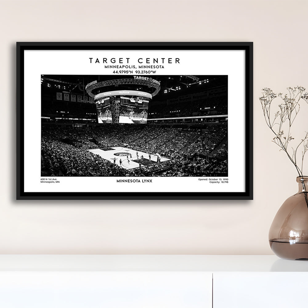 Target Center Stadium Black And White, Minnesota Lynx Basketball Stadium Wall Art Print, Framed Canvas Print Wall Art