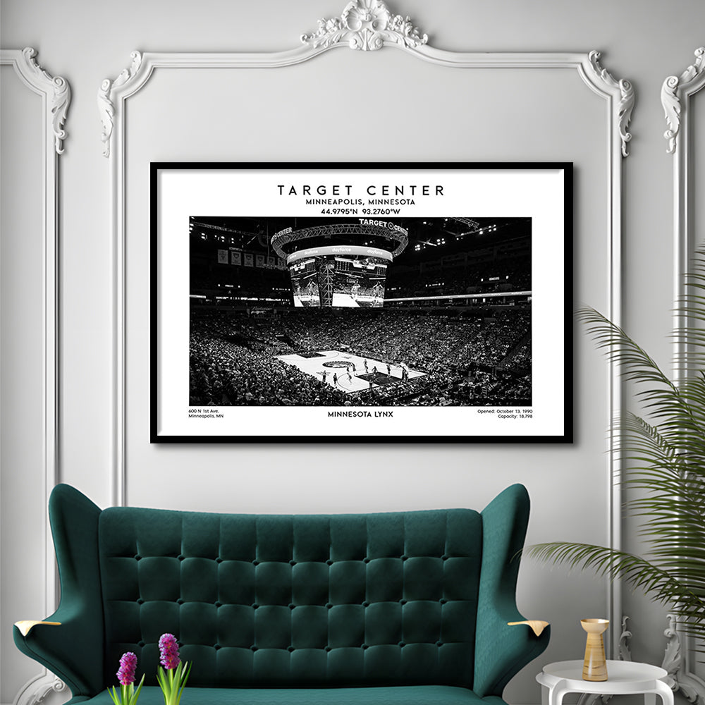 Target Center Stadium Black And White, Minnesota Lynx Basketball Stadium Wall Art Print, Framed Art Print Wall Decor