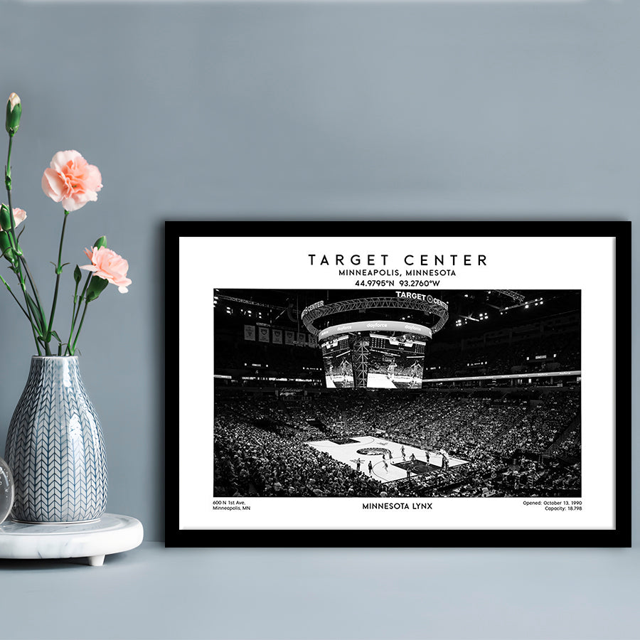 Target Center Stadium Black And White, Minnesota Lynx Basketball Stadium Wall Art Print, Framed Art Print Wall Decor