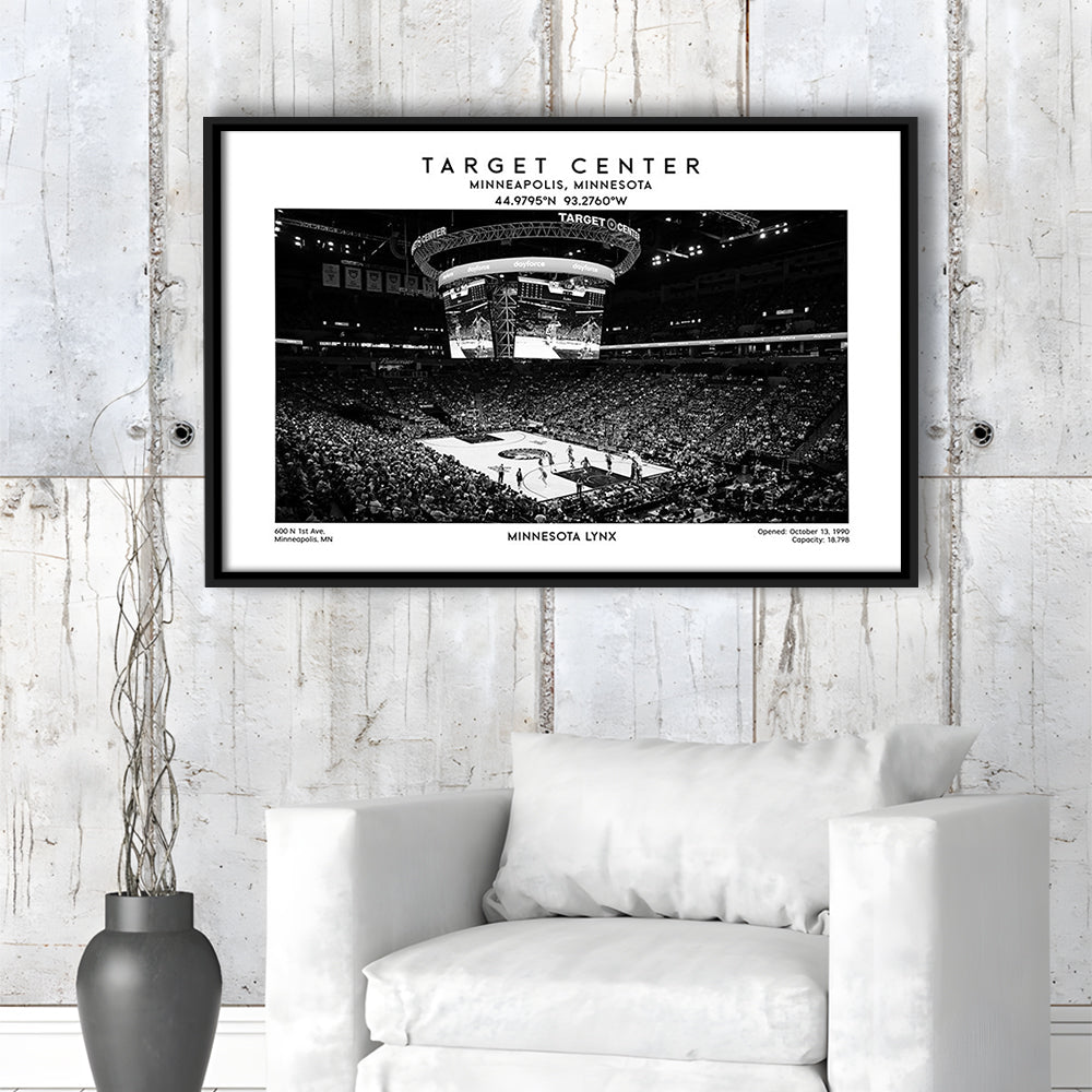 Target Center Stadium Black And White, Minnesota Lynx Basketball Stadium Wall Art Print, Framed Canvas Print Wall Art