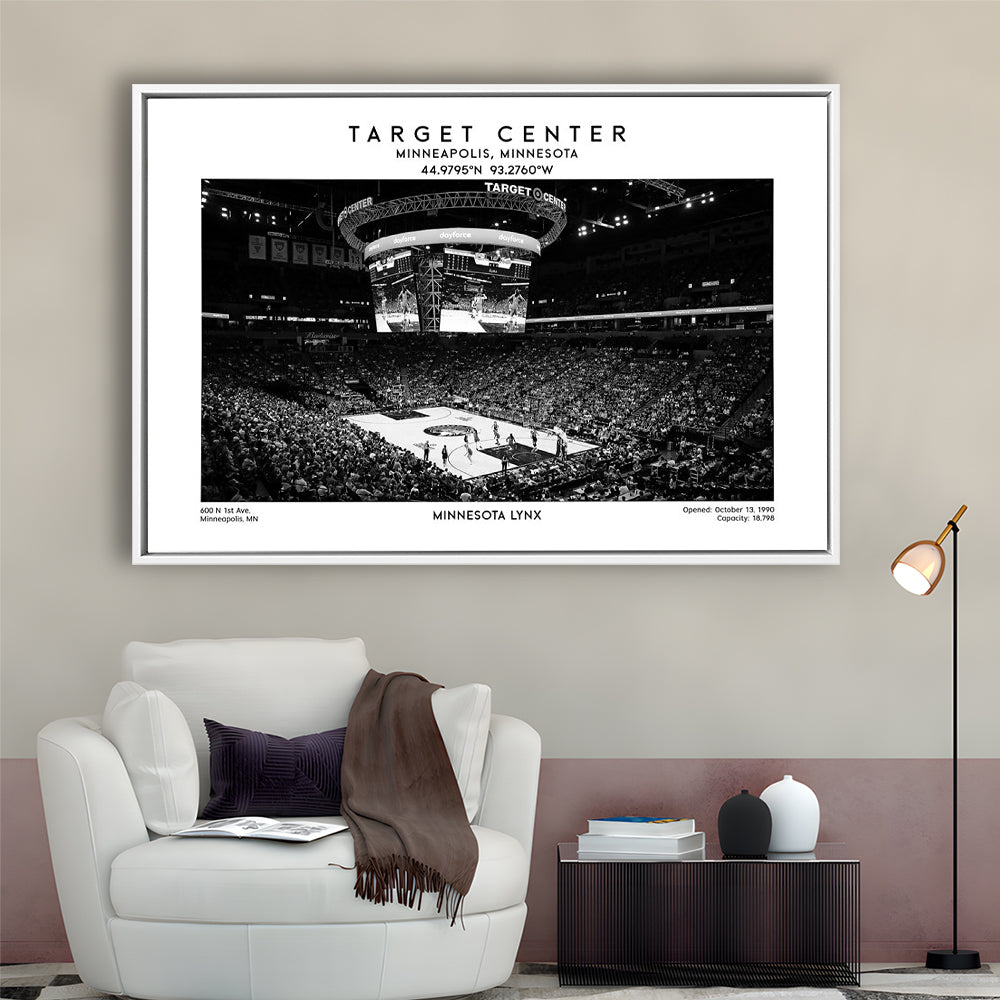 Target Center Stadium Black And White, Minnesota Lynx Basketball Stadium Wall Art Print, Framed Canvas Print Wall Art
