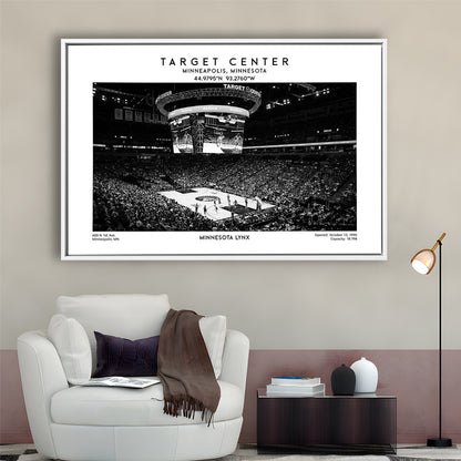 Target Center Stadium Black And White, Minnesota Lynx Basketball Stadium Wall Art Print, Framed Canvas Print Wall Art