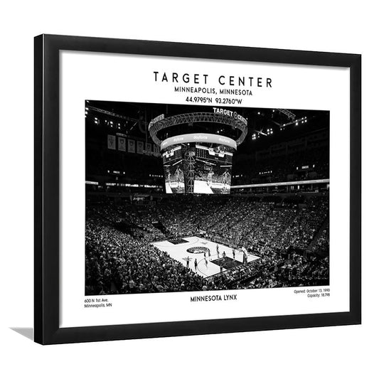 Target Center Stadium Black And White, Minnesota Lynx Basketball Stadium Wall Art Print, Framed Art Print Wall Decor