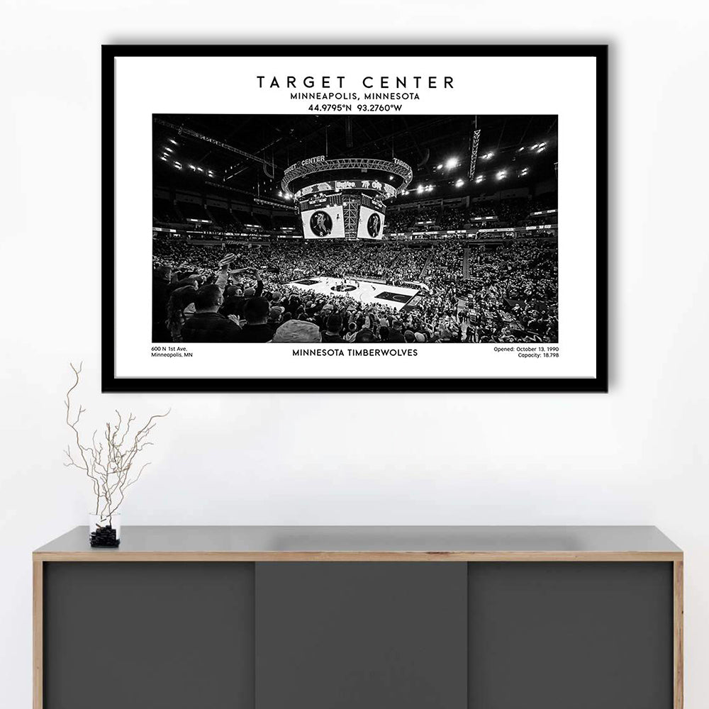 Target Center Stadium Black And White, Minnesota Basketball Stadium Wall Art Print, Framed Art Print Wall Decor
