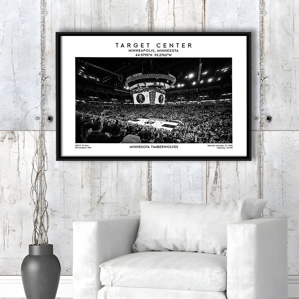 Target Center Stadium Black And White, Minnesota Basketball Stadium Wall Art Print, Framed Canvas Print Wall Art