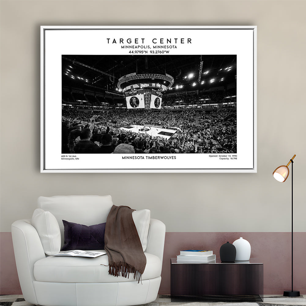 Target Center Stadium Black And White, Minnesota Basketball Stadium Wall Art Print, Framed Canvas Print Wall Art