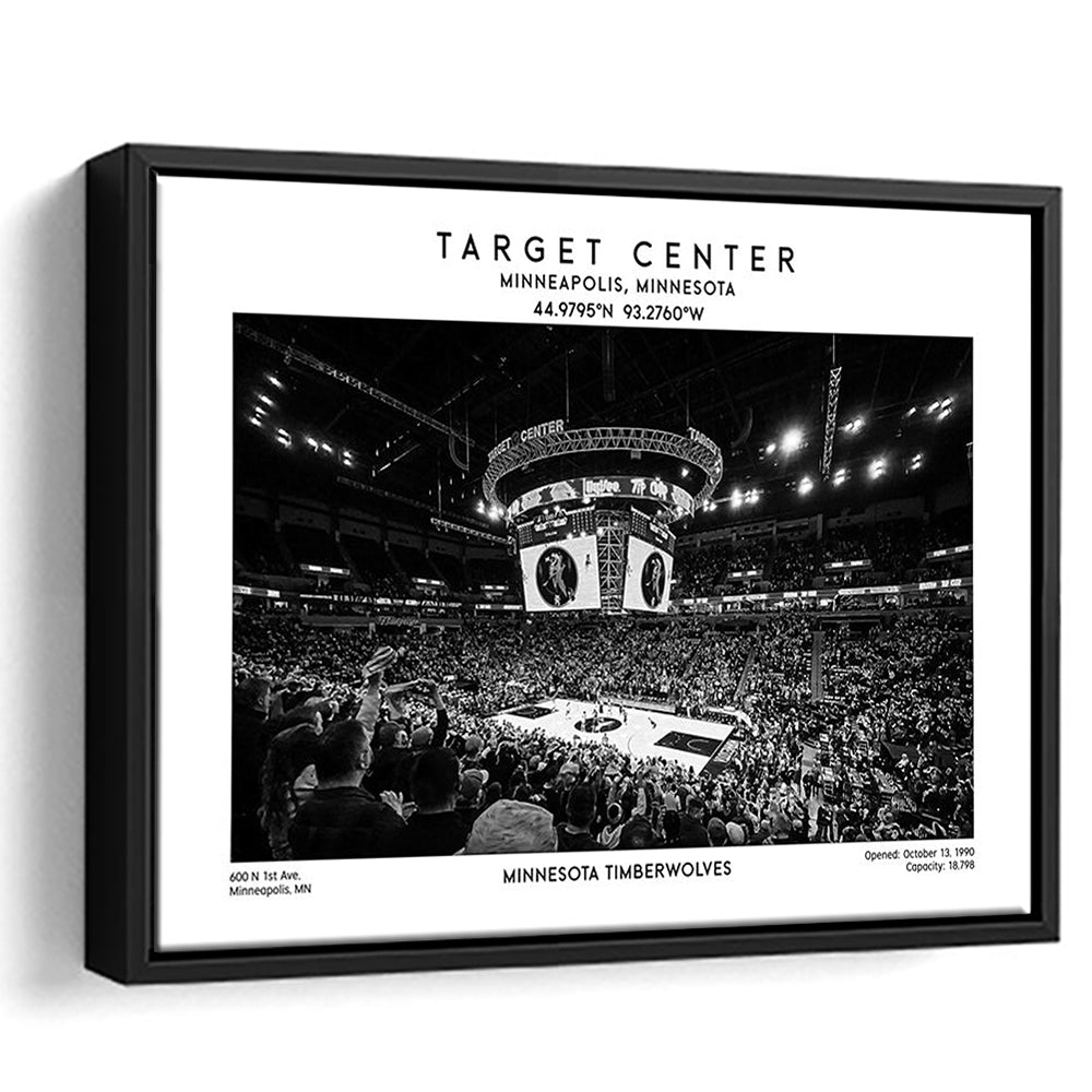 Target Center Stadium Black And White, Minnesota Basketball Stadium Wall Art Print, Framed Canvas Print Wall Art