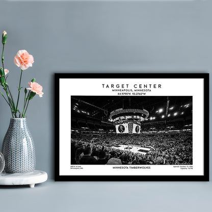 Target Center Stadium Black And White, Minnesota Basketball Stadium Wall Art Print, Framed Art Print Wall Decor