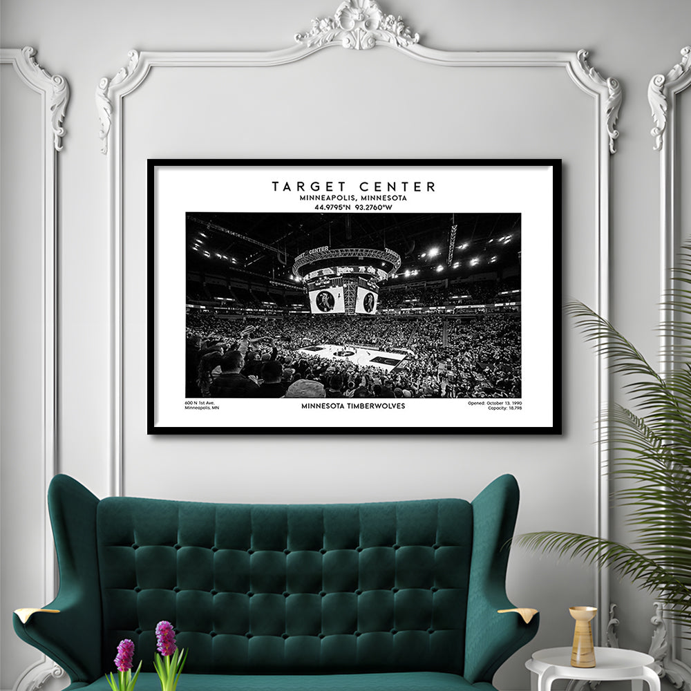 Target Center Stadium Black And White, Minnesota Basketball Stadium Wall Art Print, Framed Art Print Wall Decor