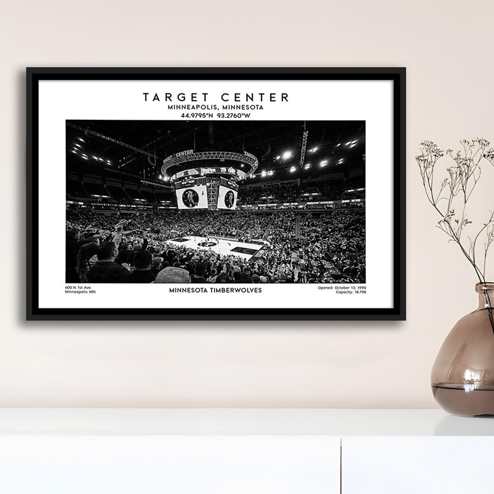 Target Center Stadium Black And White, Minnesota Basketball Stadium Wall Art Print, Framed Canvas Print Wall Art