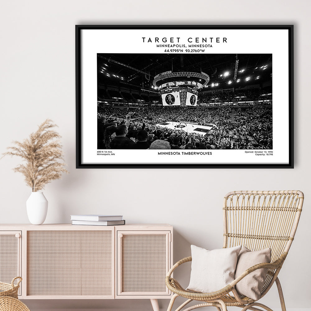Target Center Stadium Black And White, Minnesota Basketball Stadium Wall Art Print, Framed Canvas Print Wall Art