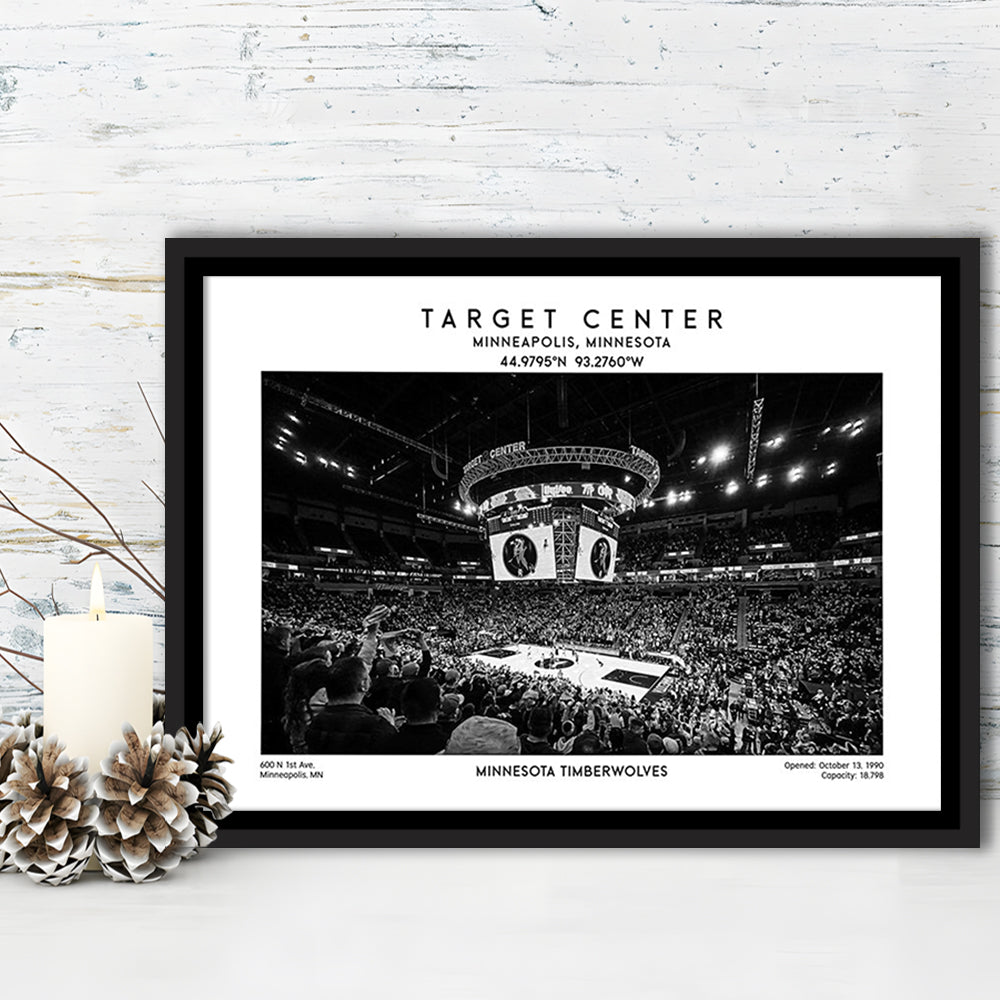 Target Center Stadium Black And White, Minnesota Basketball Stadium Wall Art Print, Framed Canvas Print Wall Art