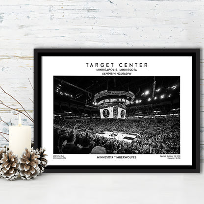 Target Center Stadium Black And White, Minnesota Basketball Stadium Wall Art Print, Framed Canvas Print Wall Art