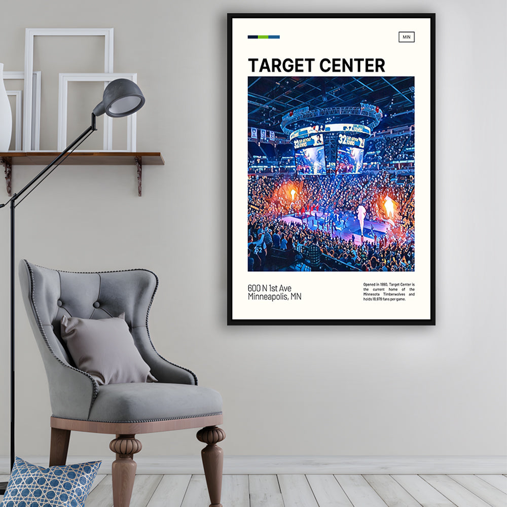 Target Center Print, Minnesota Timberwolves Stadium Canvas Art, Man Cave Gift, Floating Framed Canvas Print Wall Art