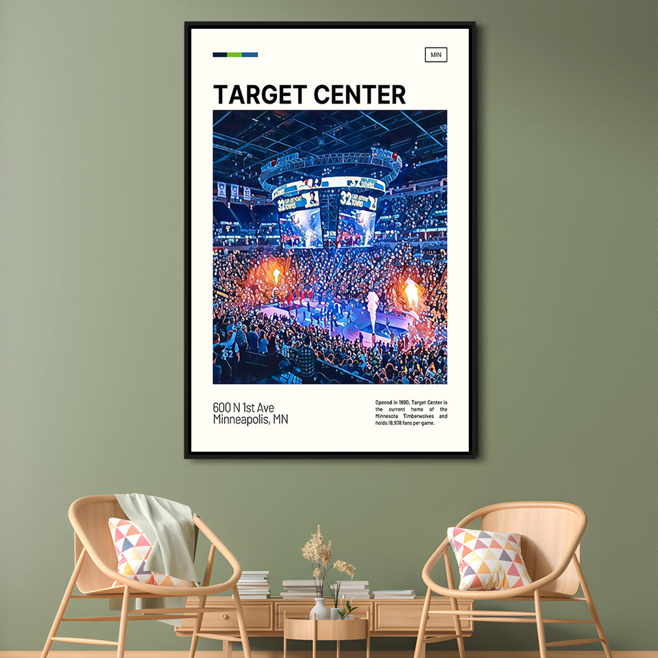 Target Center Print, Minnesota Timberwolves Stadium Canvas Art, Man Cave Gift, Floating Framed Canvas Print Wall Art