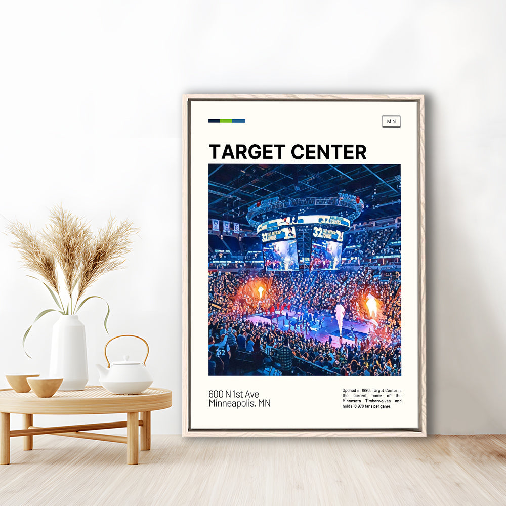 Target Center Print, Minnesota Timberwolves Stadium Canvas Art, Man Cave Gift, Floating Framed Canvas Print Wall Art