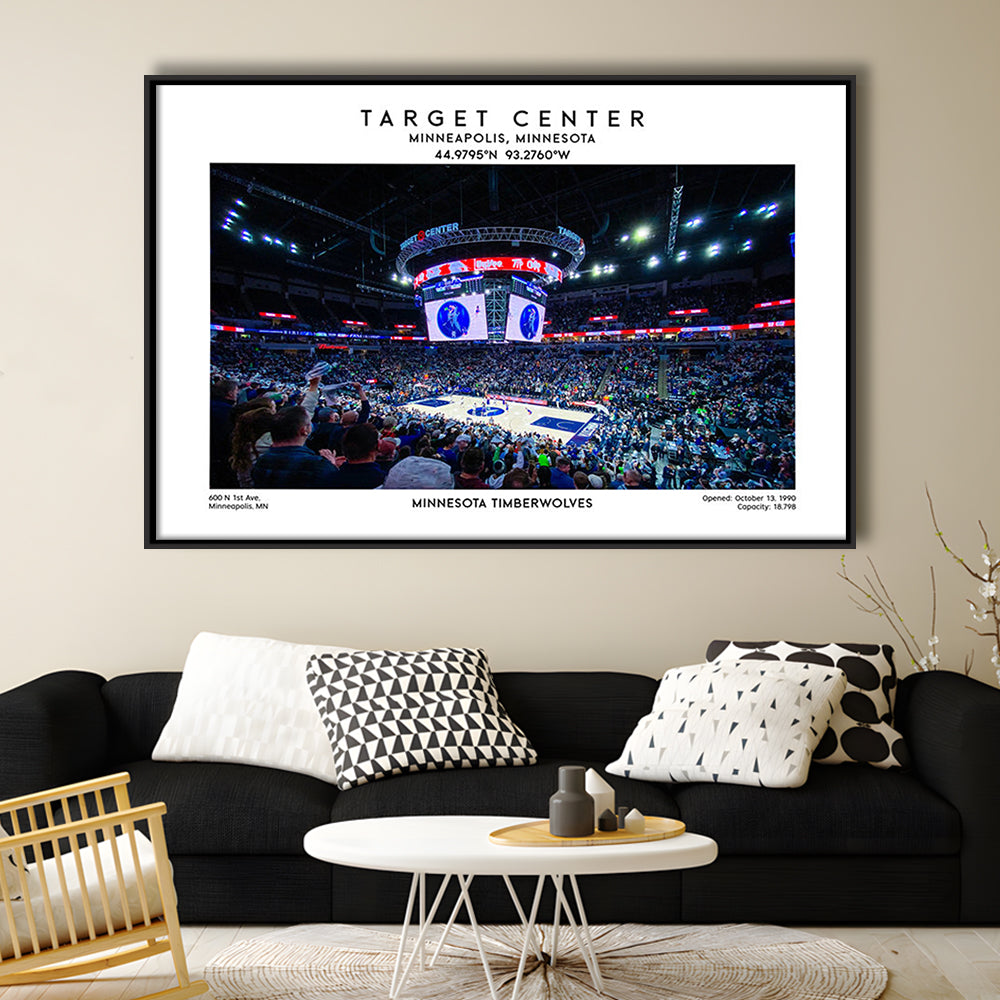 Target Center, Minnesota Timberwolves Basketball Stadium Wall Art Print, Framed Canvas Print Wall Art