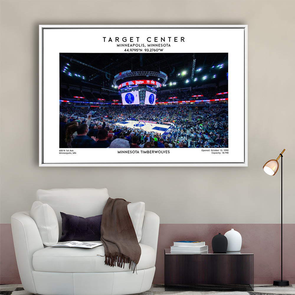 Target Center, Minnesota Timberwolves Basketball Stadium Wall Art Print, Framed Canvas Print Wall Art