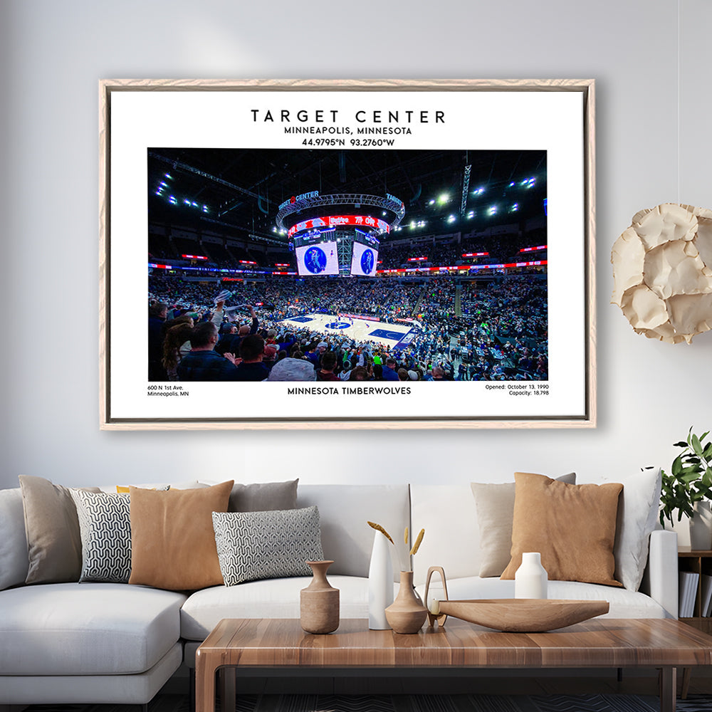 Target Center, Minnesota Timberwolves Basketball Stadium Wall Art Print, Framed Canvas Print Wall Art