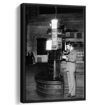 Telephone Operator New York Stock Exchange Black and White Art Retro, Floating Framed Canvas Print