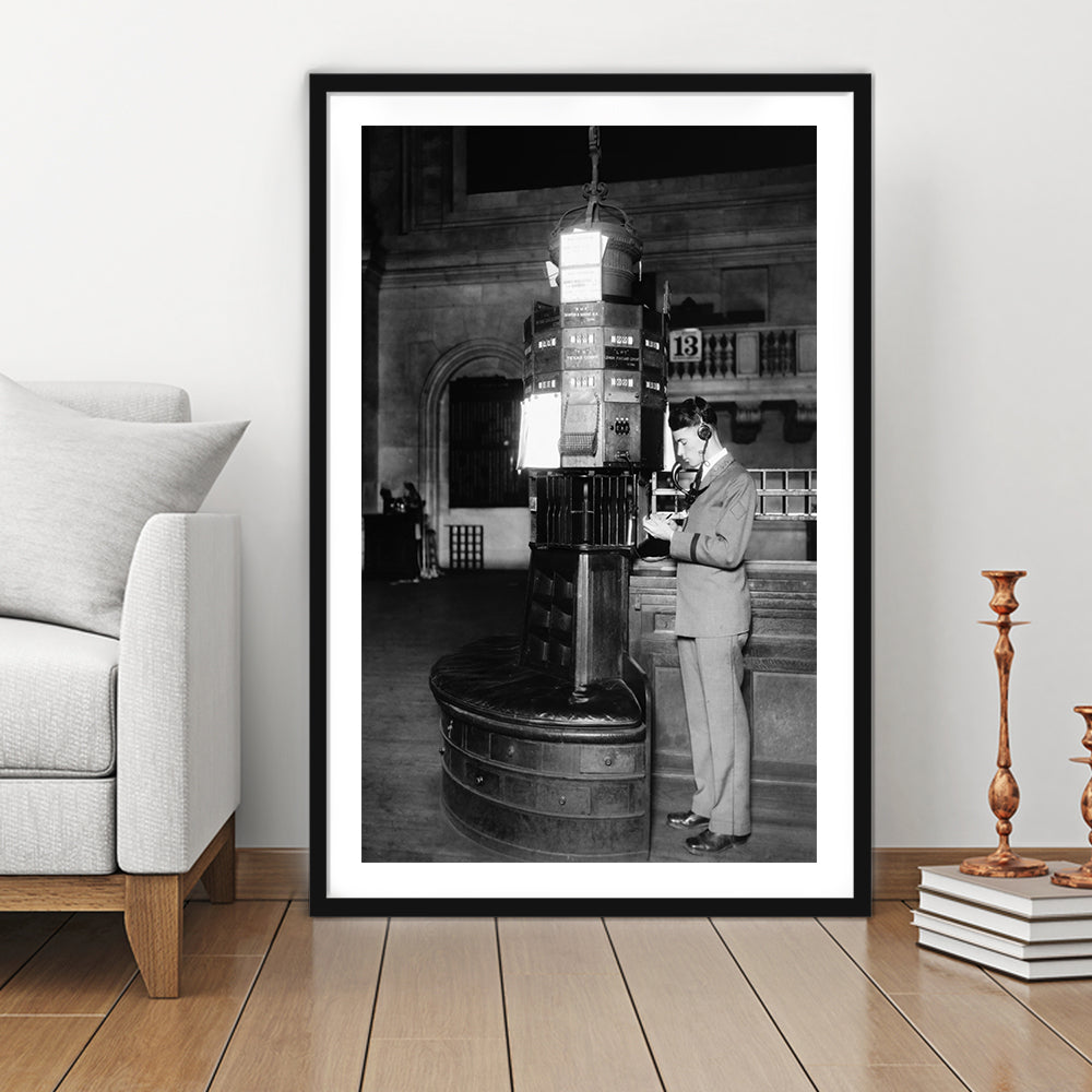 Telephone Operator New York Stock Exchange Black and White Art Retro, Framed Art Print White Border Wall Decor