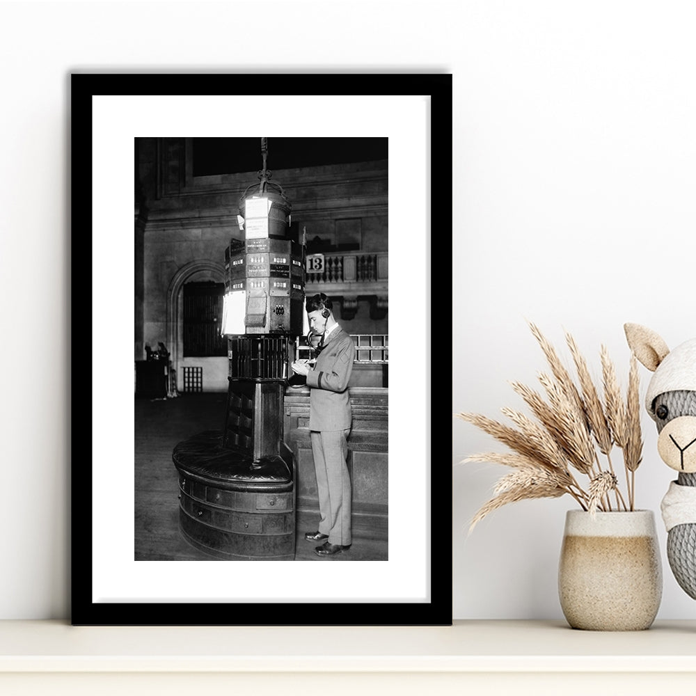 Telephone Operator New York Stock Exchange Black and White Art Retro, Framed Art Print White Border Wall Decor