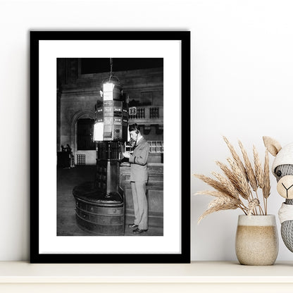 Telephone Operator New York Stock Exchange Black and White Art Retro, Framed Art Print White Border Wall Decor