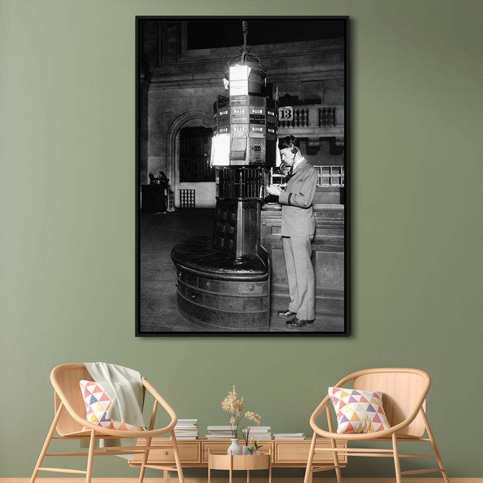 Telephone Operator New York Stock Exchange Black and White Art Retro, Floating Framed Canvas Print