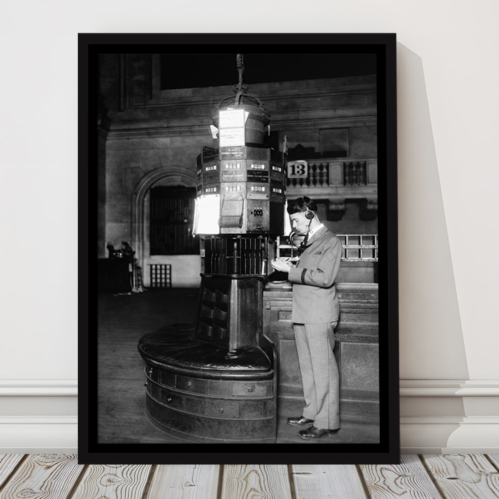 Telephone Operator New York Stock Exchange Black and White Art Retro, Floating Framed Canvas Print
