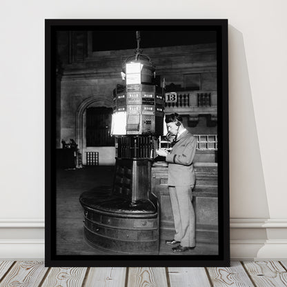 Telephone Operator New York Stock Exchange Black and White Art Retro, Floating Framed Canvas Print