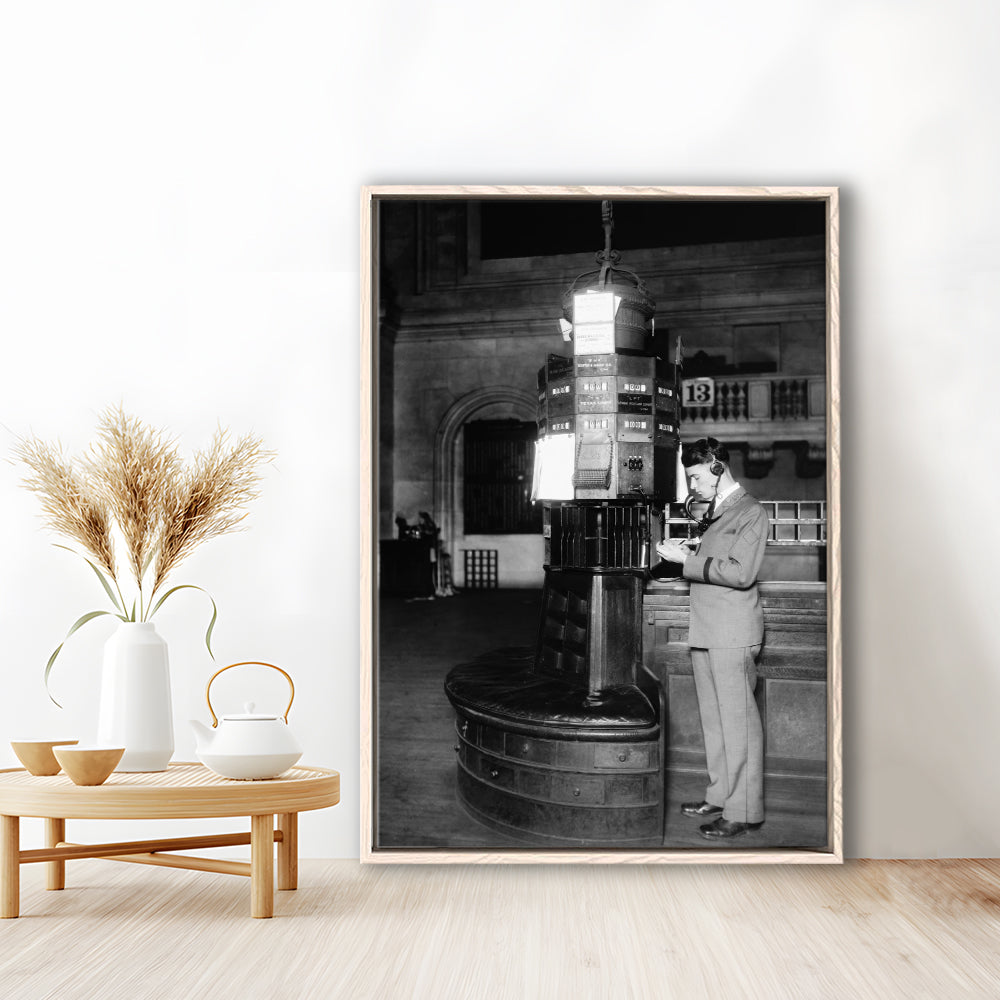 Telephone Operator New York Stock Exchange Black and White Art Retro, Floating Framed Canvas Print