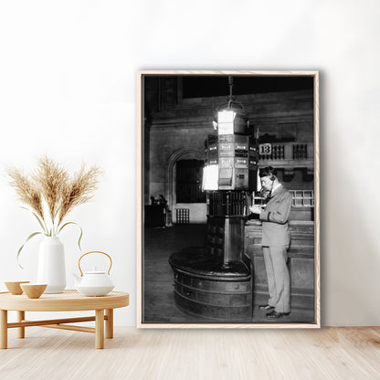 Telephone Operator New York Stock Exchange Black and White Art Retro, Floating Framed Canvas Print